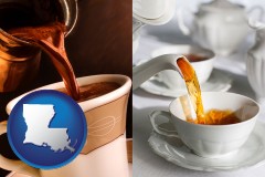 louisiana map icon and pouring coffee and pouring tea
