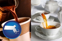 massachusetts map icon and pouring coffee and pouring tea