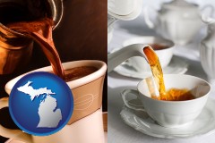 michigan map icon and pouring coffee and pouring tea