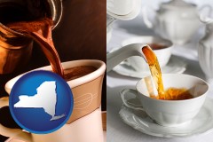 new-york map icon and pouring coffee and pouring tea