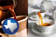 texas map icon and pouring coffee and pouring tea