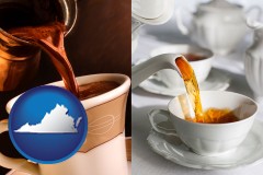 virginia map icon and pouring coffee and pouring tea