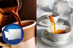 washington map icon and pouring coffee and pouring tea