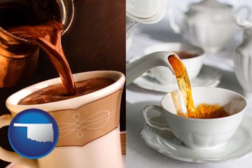pouring coffee and pouring tea - with Oklahoma icon