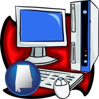 alabama map icon and a computer cpu, keyboard, monitor, and mouse