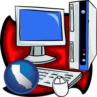 california map icon and a computer cpu, keyboard, monitor, and mouse