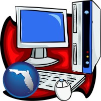 florida map icon and a computer cpu, keyboard, monitor, and mouse