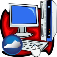 kentucky map icon and a computer cpu, keyboard, monitor, and mouse