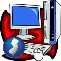 new-jersey map icon and a computer cpu, keyboard, monitor, and mouse