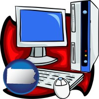 pennsylvania map icon and a computer cpu, keyboard, monitor, and mouse