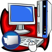 washington map icon and a computer cpu, keyboard, monitor, and mouse