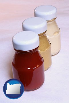 ketchup, mustard, and mayonnaise condiments - with Oregon icon