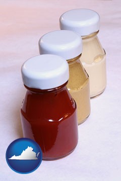 ketchup, mustard, and mayonnaise condiments - with Virginia icon