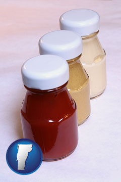 ketchup, mustard, and mayonnaise condiments - with Vermont icon