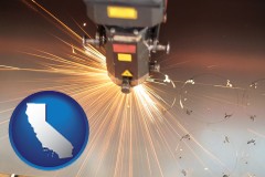 california map icon and a laser cutting tool