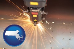 massachusetts map icon and a laser cutting tool