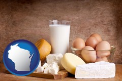 wisconsin map icon and dairy products