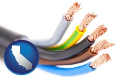 california map icon and copper electrical wires in an insulated cable
