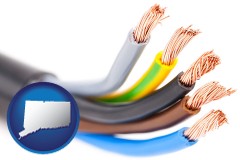 connecticut map icon and copper electrical wires in an insulated cable