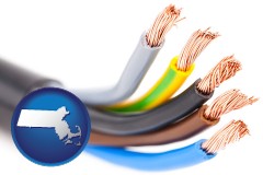 massachusetts map icon and copper electrical wires in an insulated cable