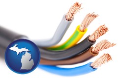 michigan map icon and copper electrical wires in an insulated cable
