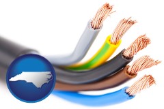 north-carolina map icon and copper electrical wires in an insulated cable