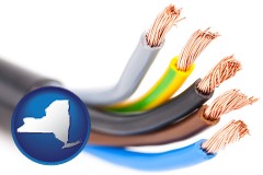 new-york map icon and copper electrical wires in an insulated cable