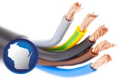 wisconsin map icon and copper electrical wires in an insulated cable