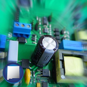 electronic components on a circuit board - with New Mexico icon