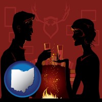 ohio map icon and a romantic fireplace setting