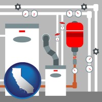california map icon and a boiler room furnace