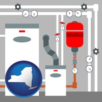 new-york map icon and a boiler room furnace