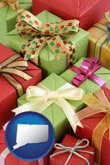 connecticut map icon and wrapped holiday gifts