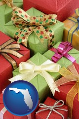 florida map icon and wrapped holiday gifts