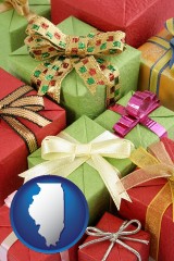 illinois map icon and wrapped holiday gifts