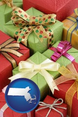 massachusetts map icon and wrapped holiday gifts