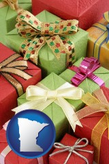 minnesota map icon and wrapped holiday gifts