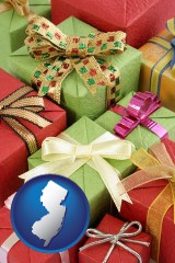 new-jersey map icon and wrapped holiday gifts