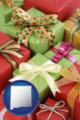 new-mexico map icon and wrapped holiday gifts