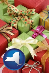 new-york map icon and wrapped holiday gifts