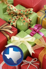 texas map icon and wrapped holiday gifts