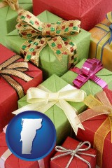 vermont map icon and wrapped holiday gifts