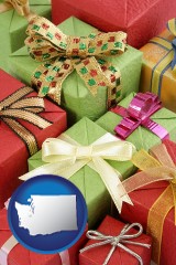 washington map icon and wrapped holiday gifts