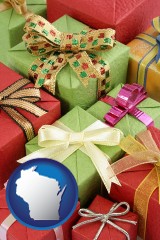 wisconsin map icon and wrapped holiday gifts