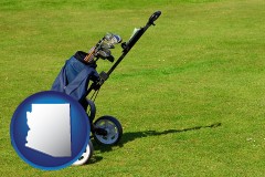 arizona map icon and a golf bag on a green fairway