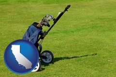 california map icon and a golf bag on a green fairway