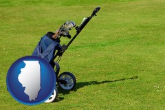 illinois map icon and a golf bag on a green fairway