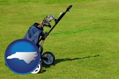 north-carolina map icon and a golf bag on a green fairway