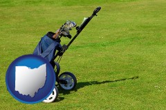 ohio map icon and a golf bag on a green fairway