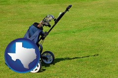 texas map icon and a golf bag on a green fairway